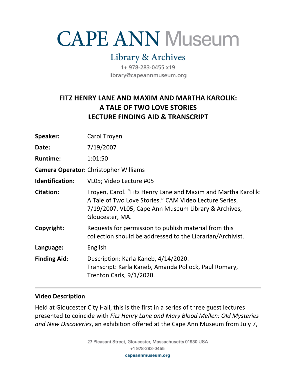 Fitz Henry Lane and Maxim and Martha Karolik: a Tale of Two Love Stories Lecture Finding Aid & Transcript