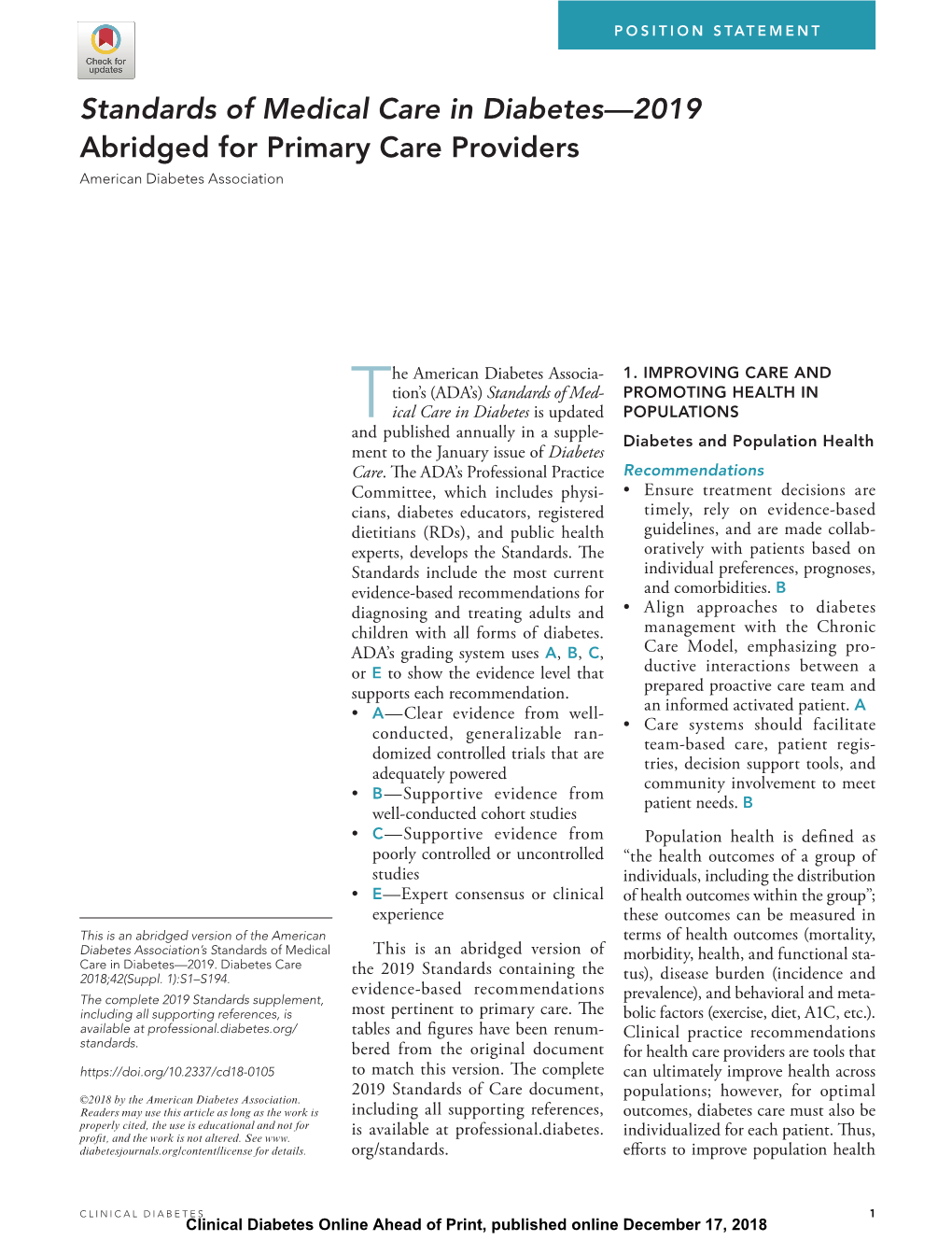 Standards of Medical Care in Diabetes—2019 Abridged for Primary Care Providers American Diabetes Association