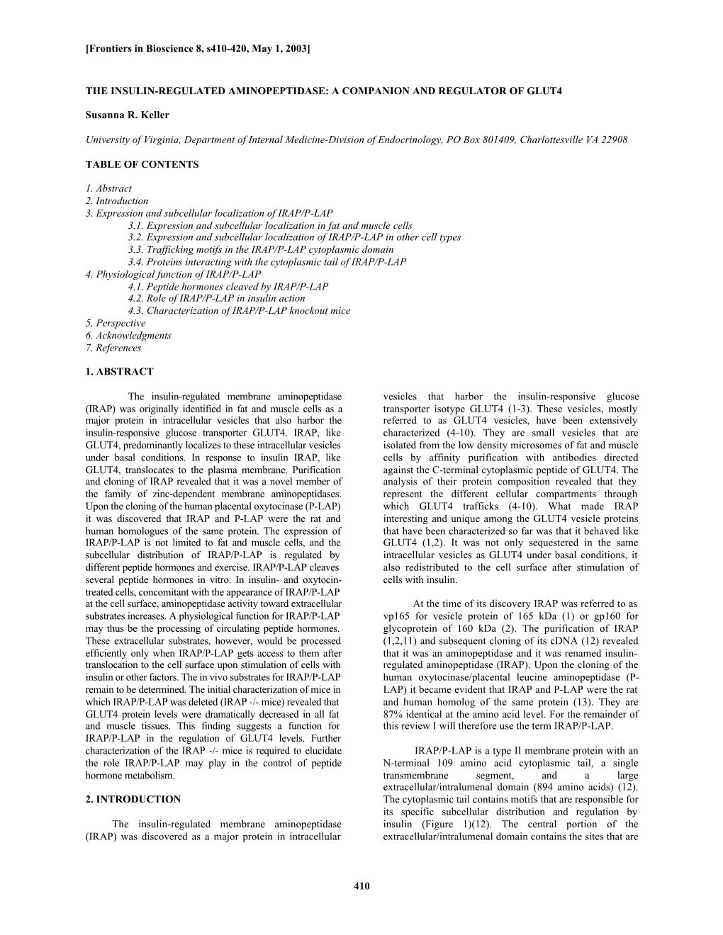 [Frontiers in Bioscience 8, S410-420, May 1, 2003] 410 the INSULIN