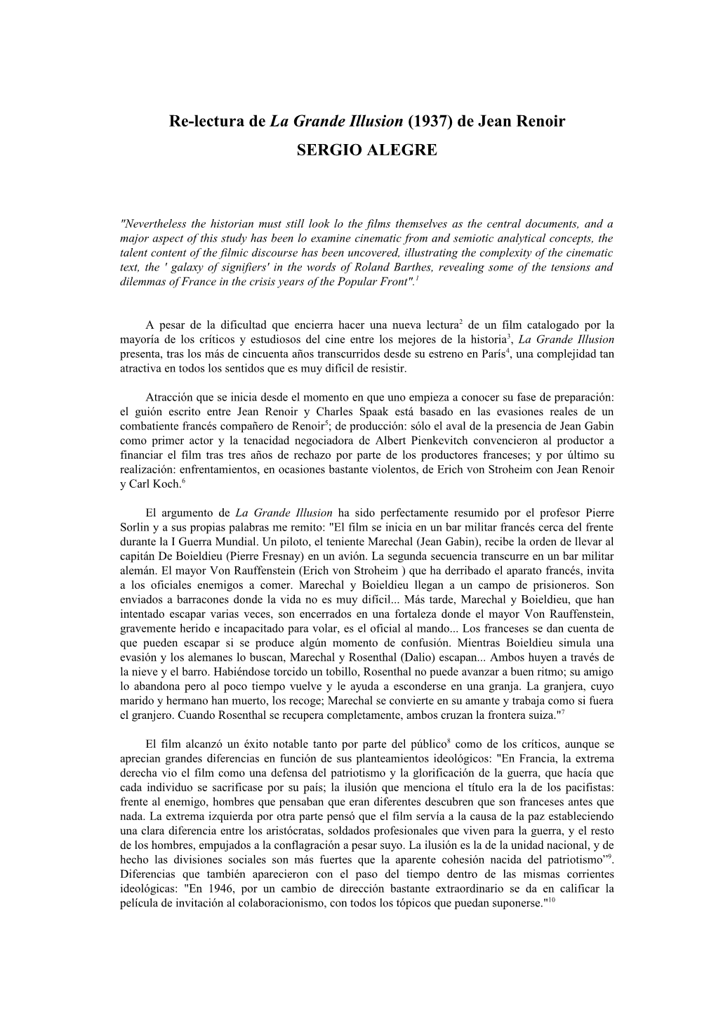 Re-Lectura De La Grande Illusion (1937) De Jean Renoir SERGIO ALEGRE
