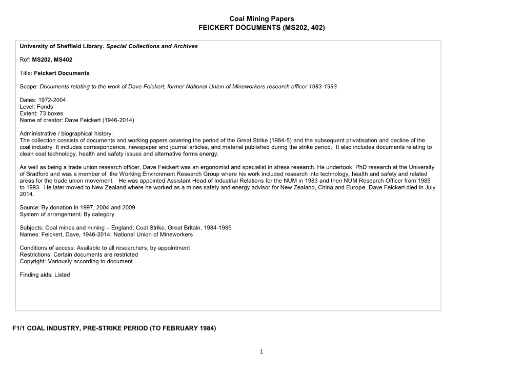 Coal Mining Papers FEICKERT DOCUMENTS (MS202, 402)