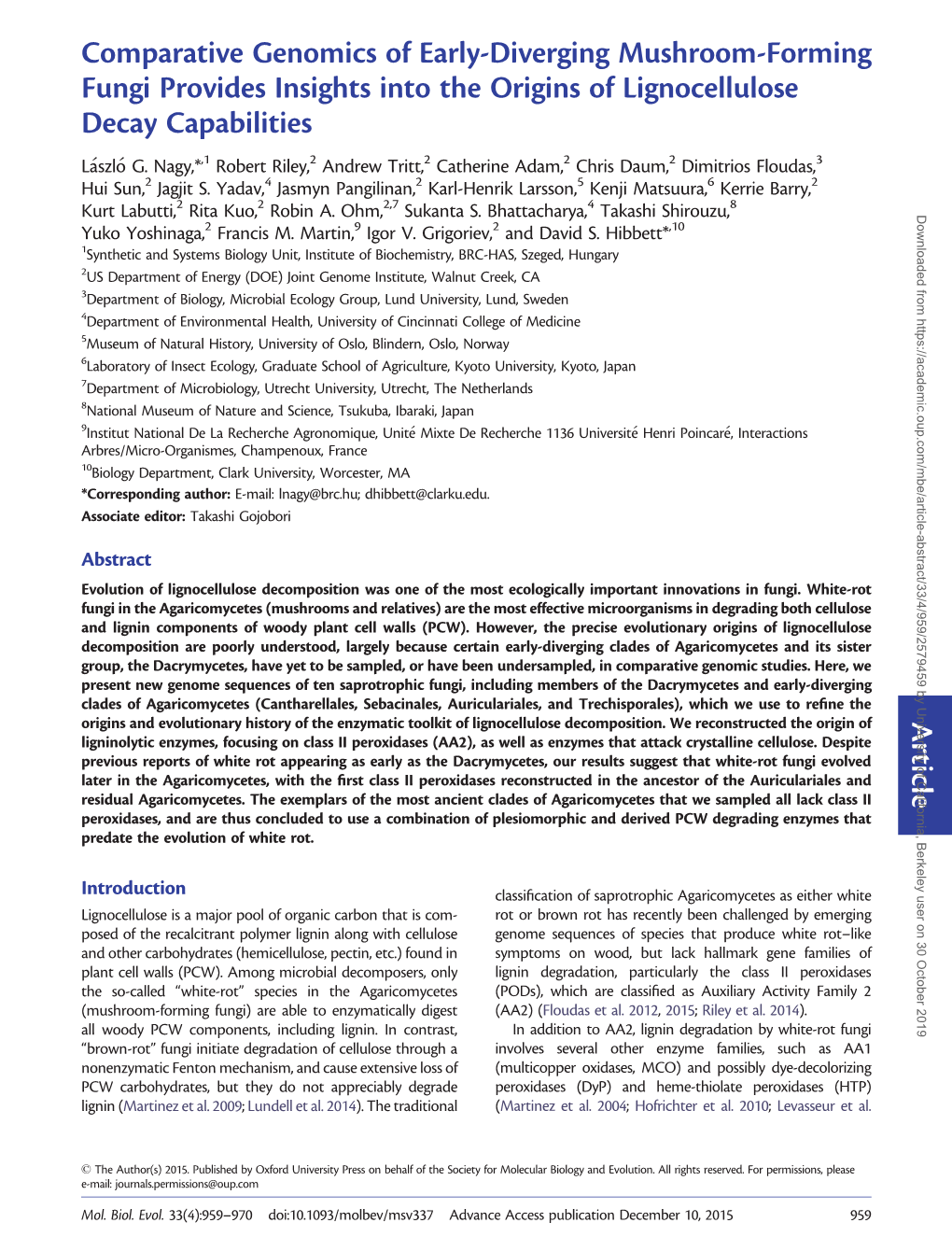 Comparative Genomics of Early-Diverging Mushroom-Forming