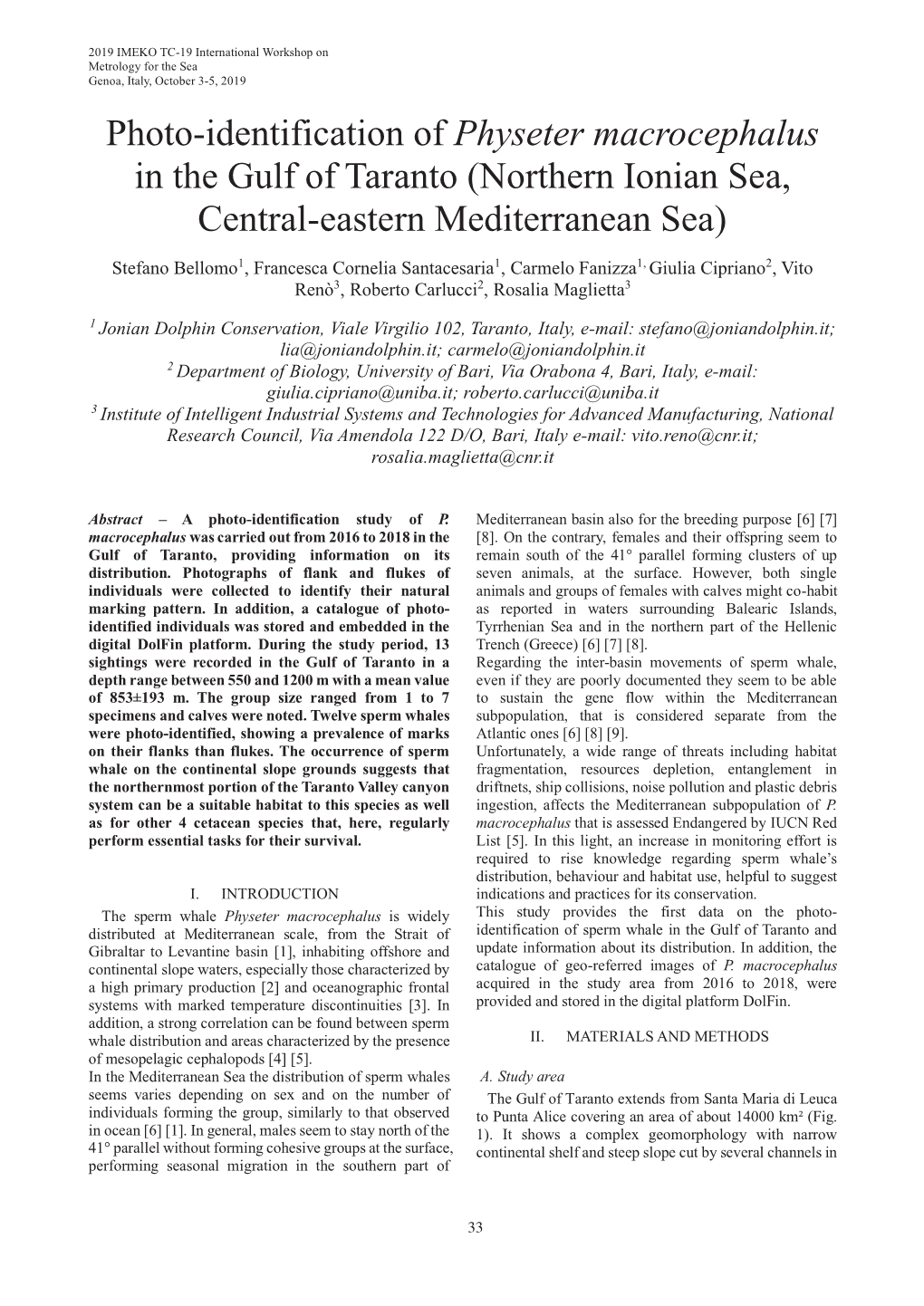 Photo-Identification of Physeter Macrocephalus in the Gulf of Taranto (Northern Ionian Sea, Central-Eastern Mediterranean Sea)