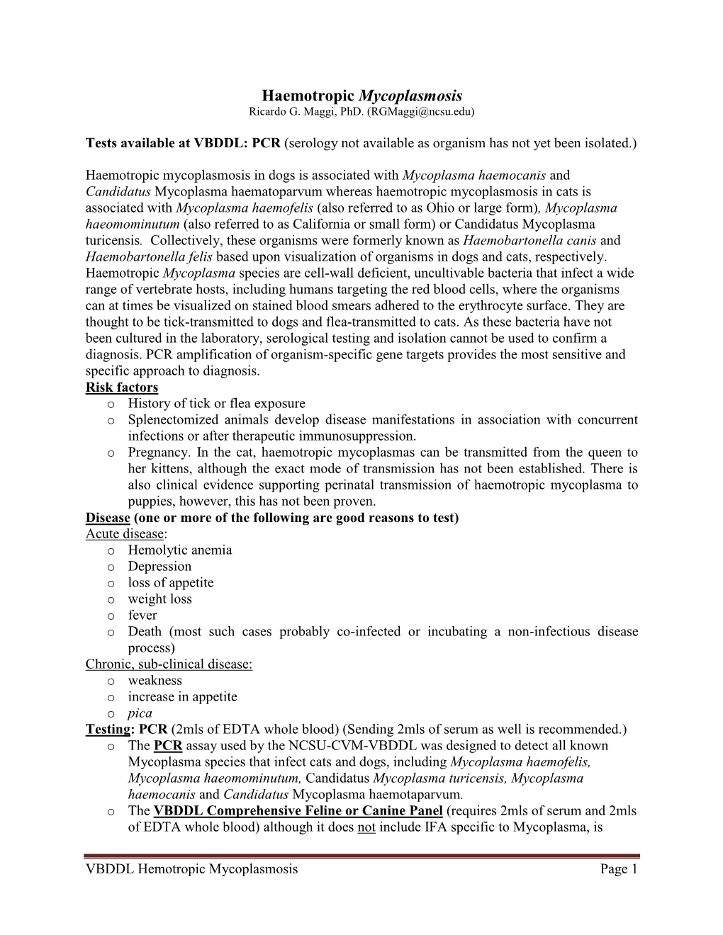 Haemotropic Mycoplasmosis Ricardo G