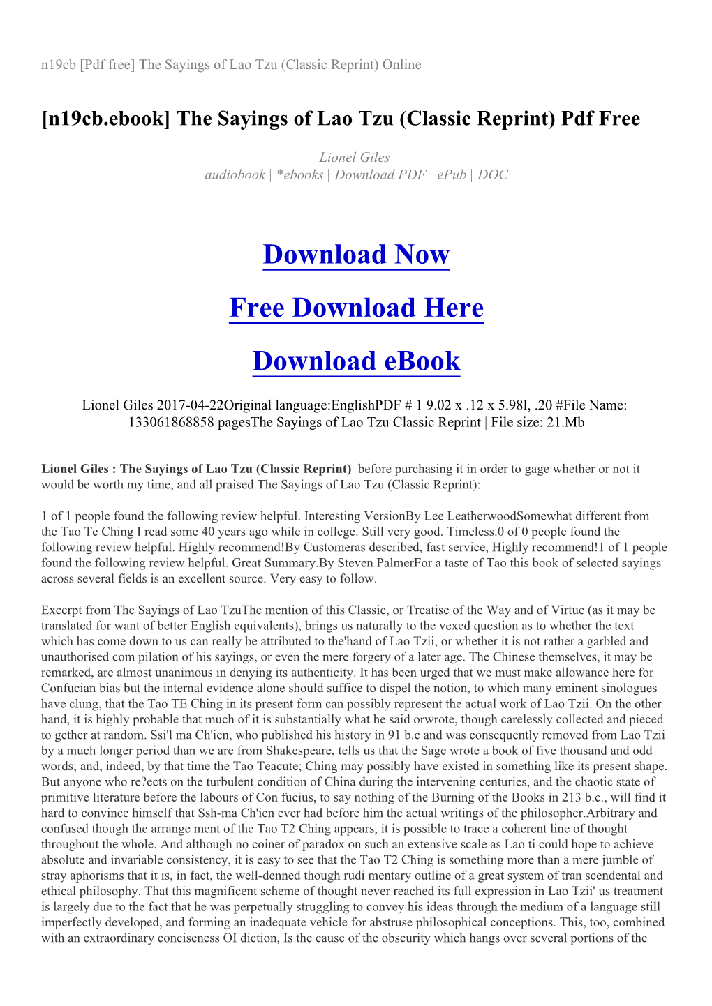 N19cb [Pdf Free] the Sayings of Lao Tzu (Classic Reprint) Online