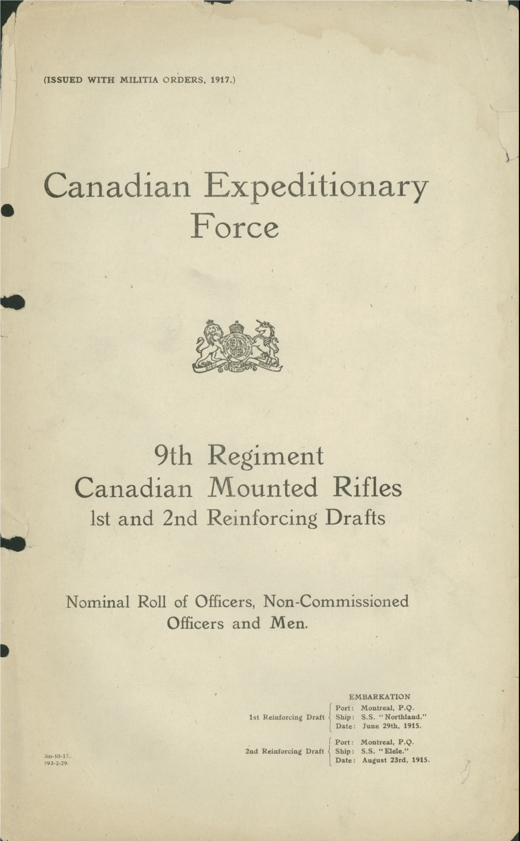 9Th Regiment Canadian Mounted Rifles R Ist and 2Nd Reinforcing Drafts