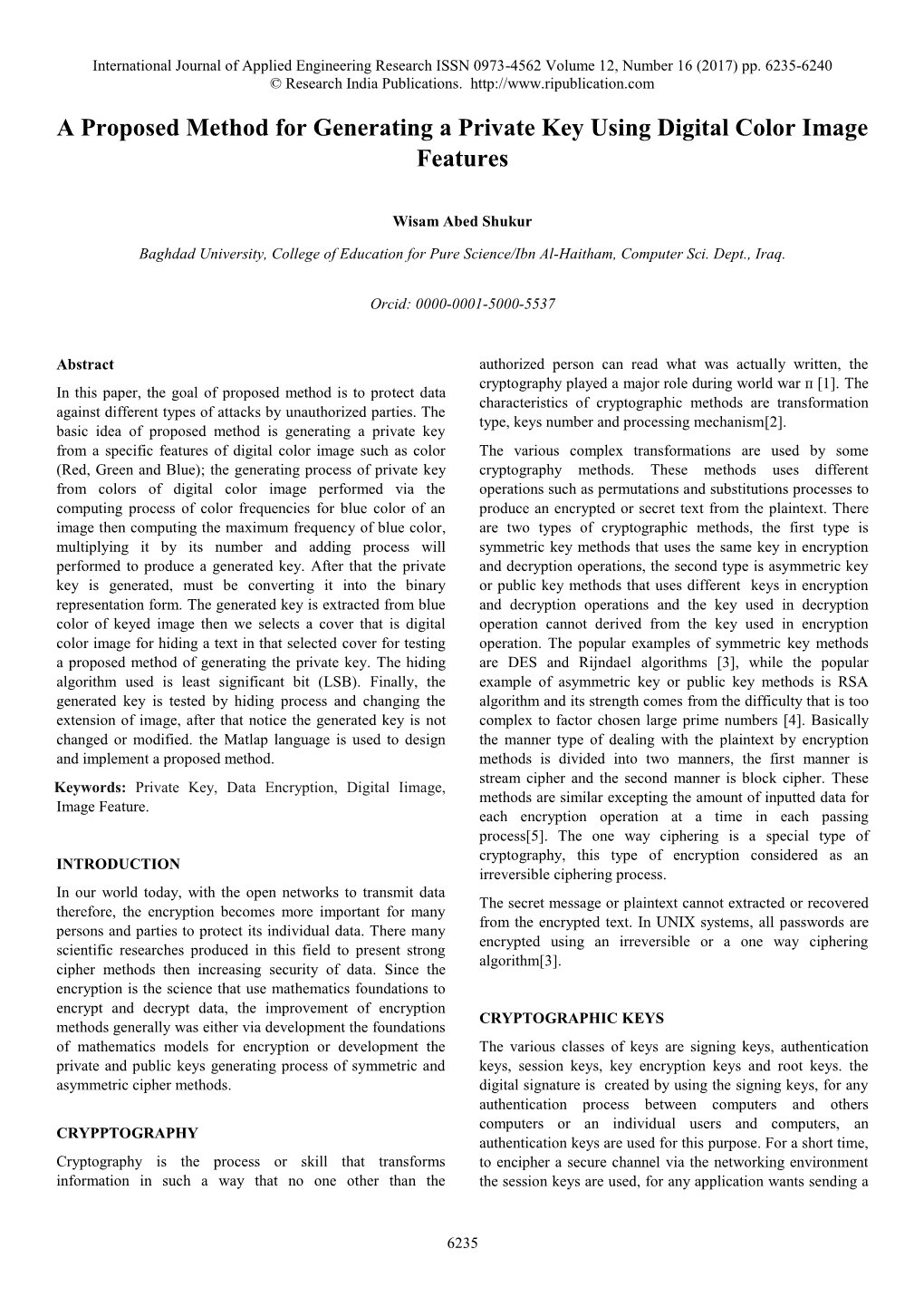 A Proposed Method for Generating a Private Key Using Digital Color Image Features