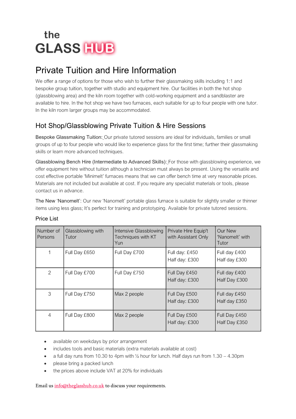Private Tuition and Hire Information