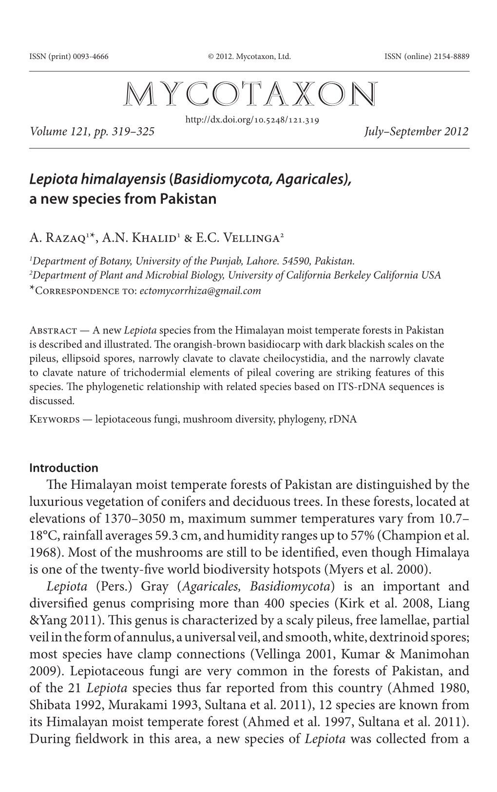 <I>Lepiota Himalayensis</I> (<I>Basidiomycota, Agaricales</I