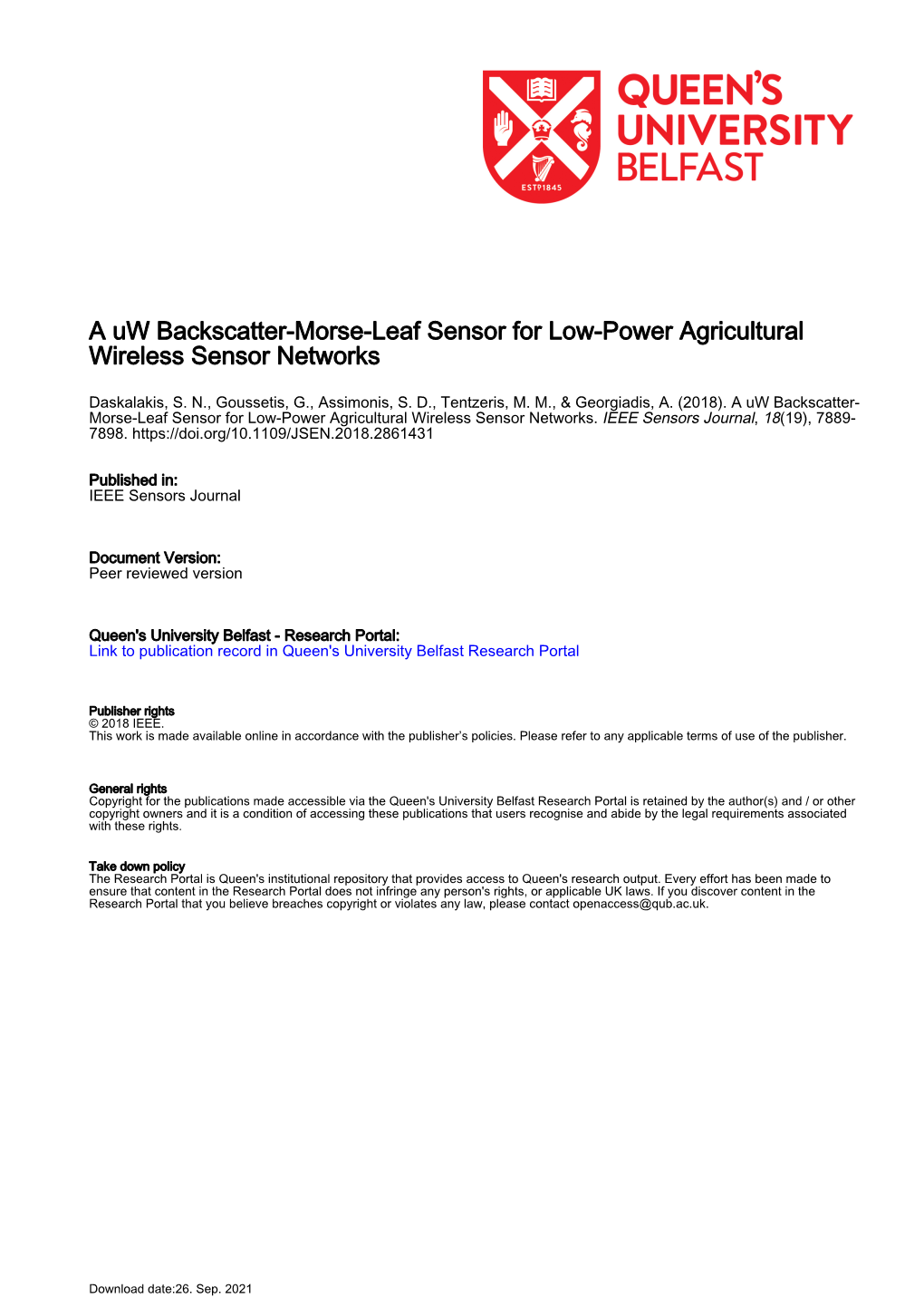 A Uw Backscatter-Morse-Leaf Sensor for Low-Power Agricultural Wireless Sensor Networks