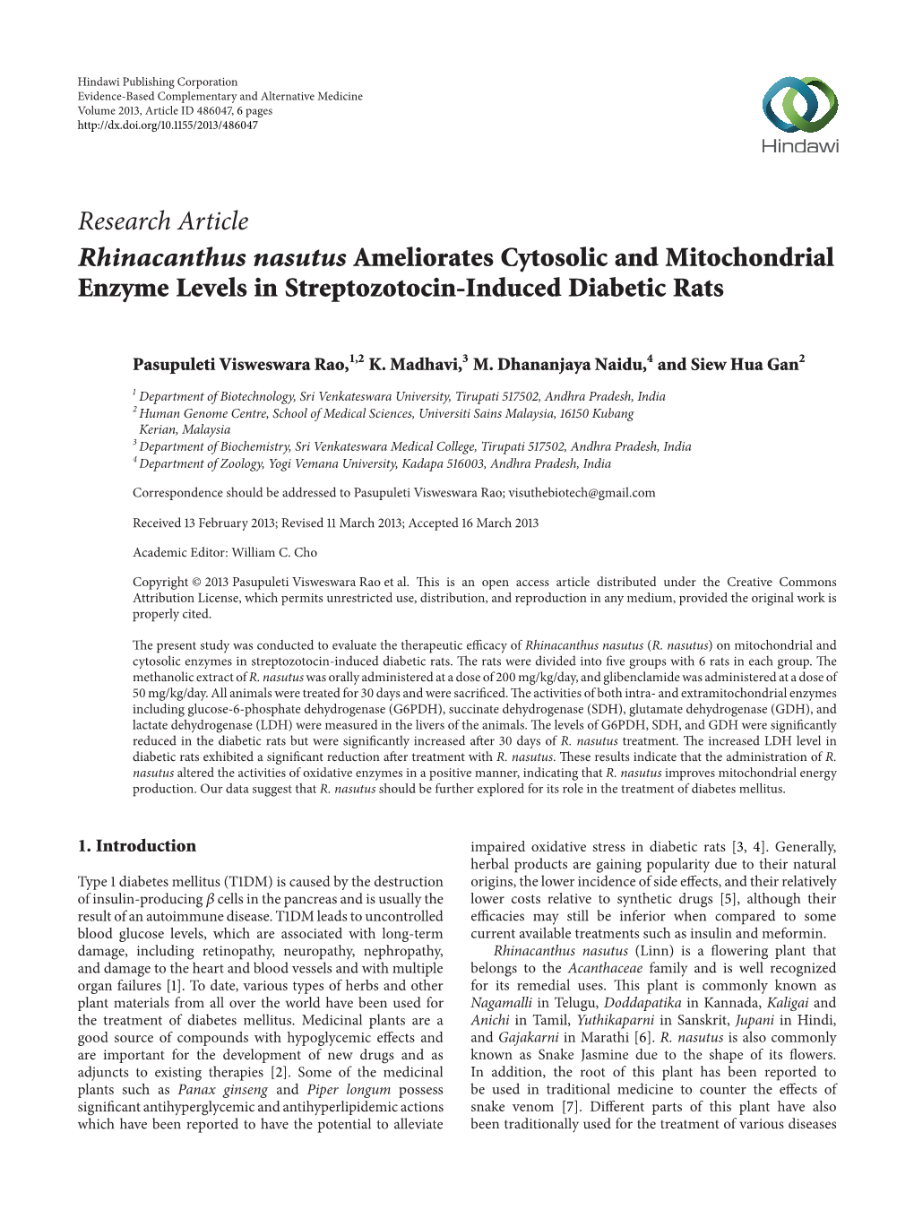 Rhinacanthus Nasutus Ameliorates Cytosolic and Mitochondrial Enzyme Levels in Streptozotocin-Induced Diabetic Rats