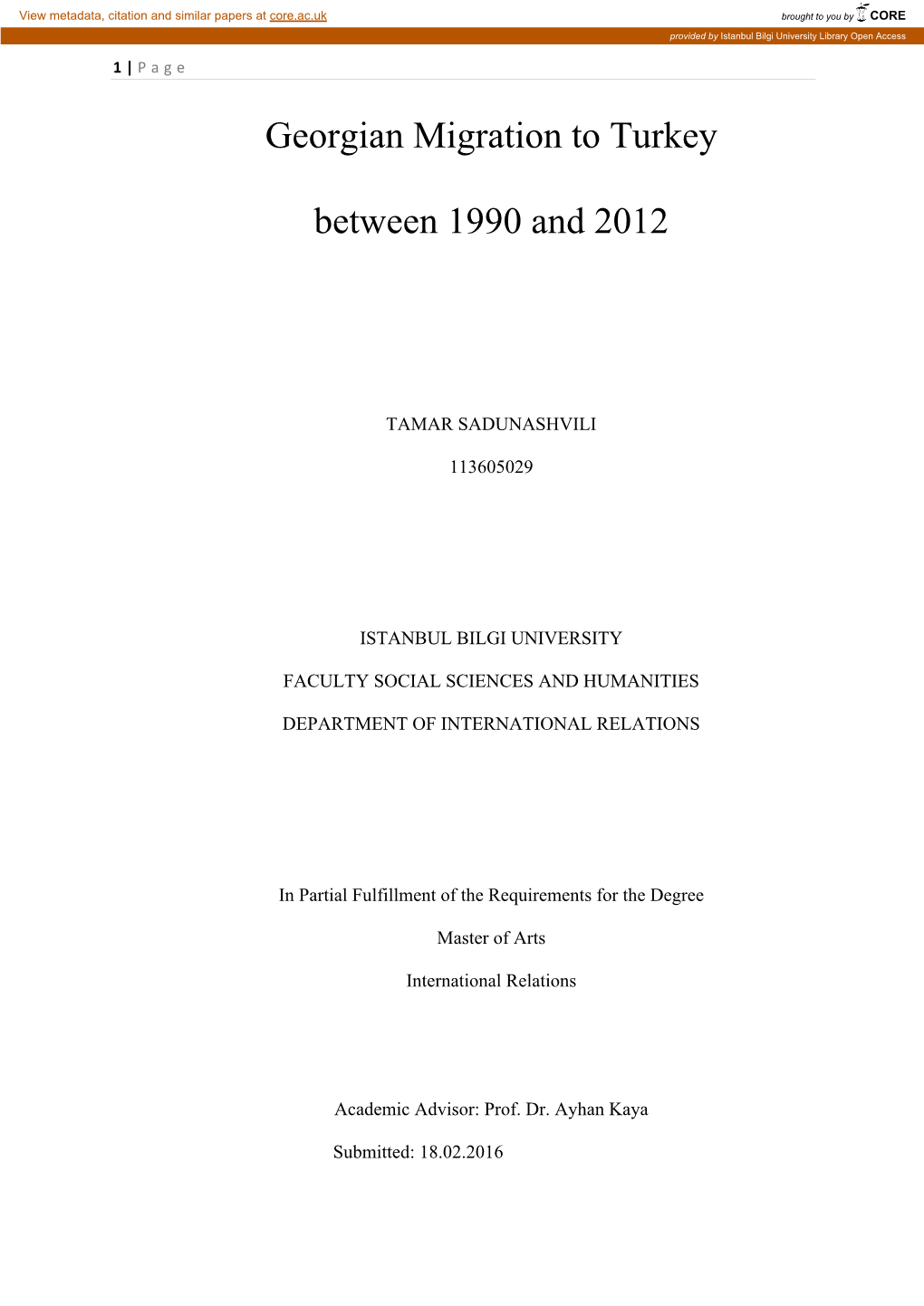 Georgian Migration to Turkey Between 1990 and 2012