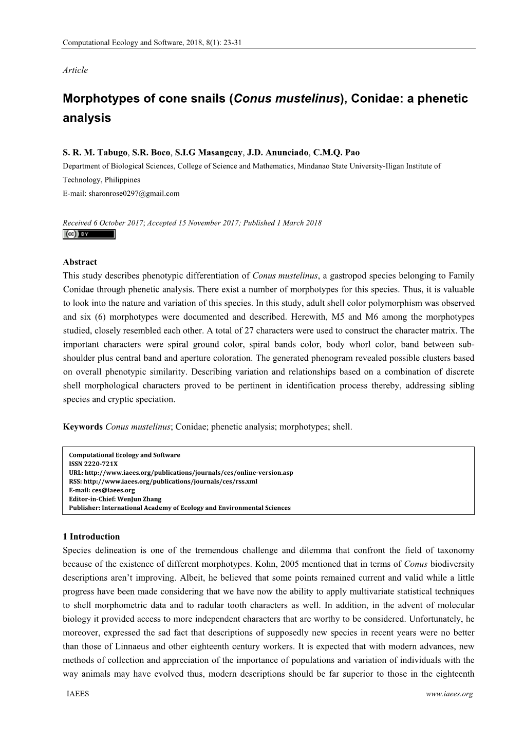 Morphotypes of Cone Snails (Conus Mustelinus), Conidae: a Phenetic Analysis