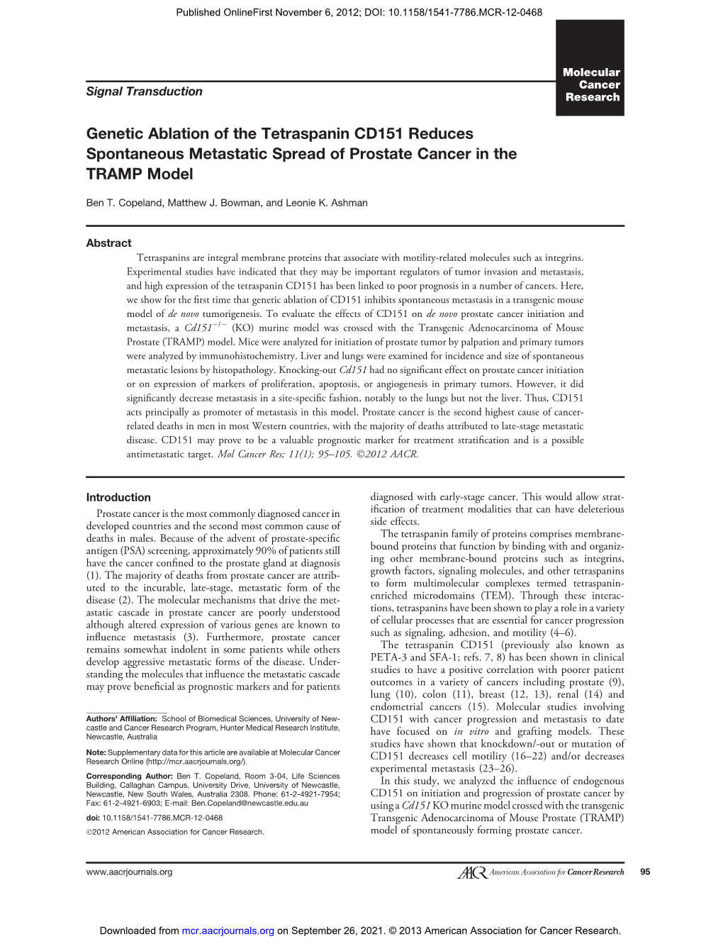 Genetic Ablation of the Tetraspanin CD151 Reduces Spontaneous Metastatic Spread of Prostate Cancer in the TRAMP Model