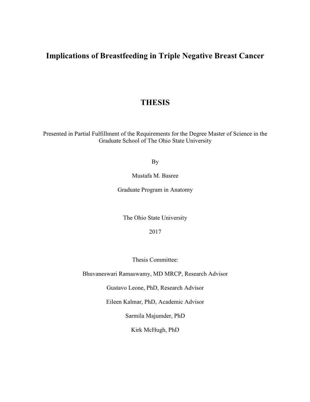 Implications of Breastfeeding in Triple Negative Breast Cancer THESIS