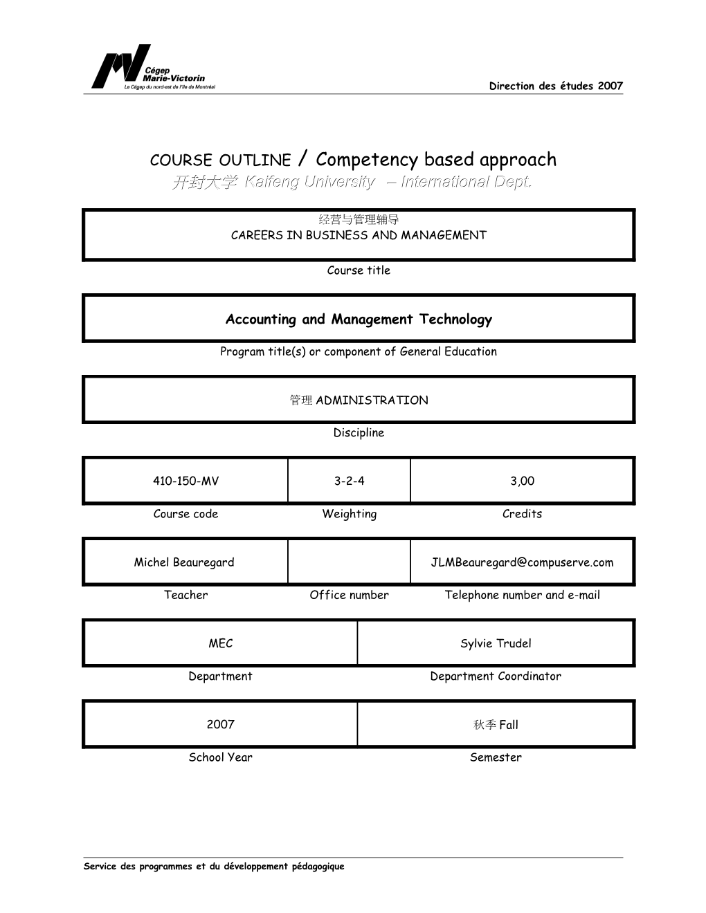 Course Outline / Competency Based Approach