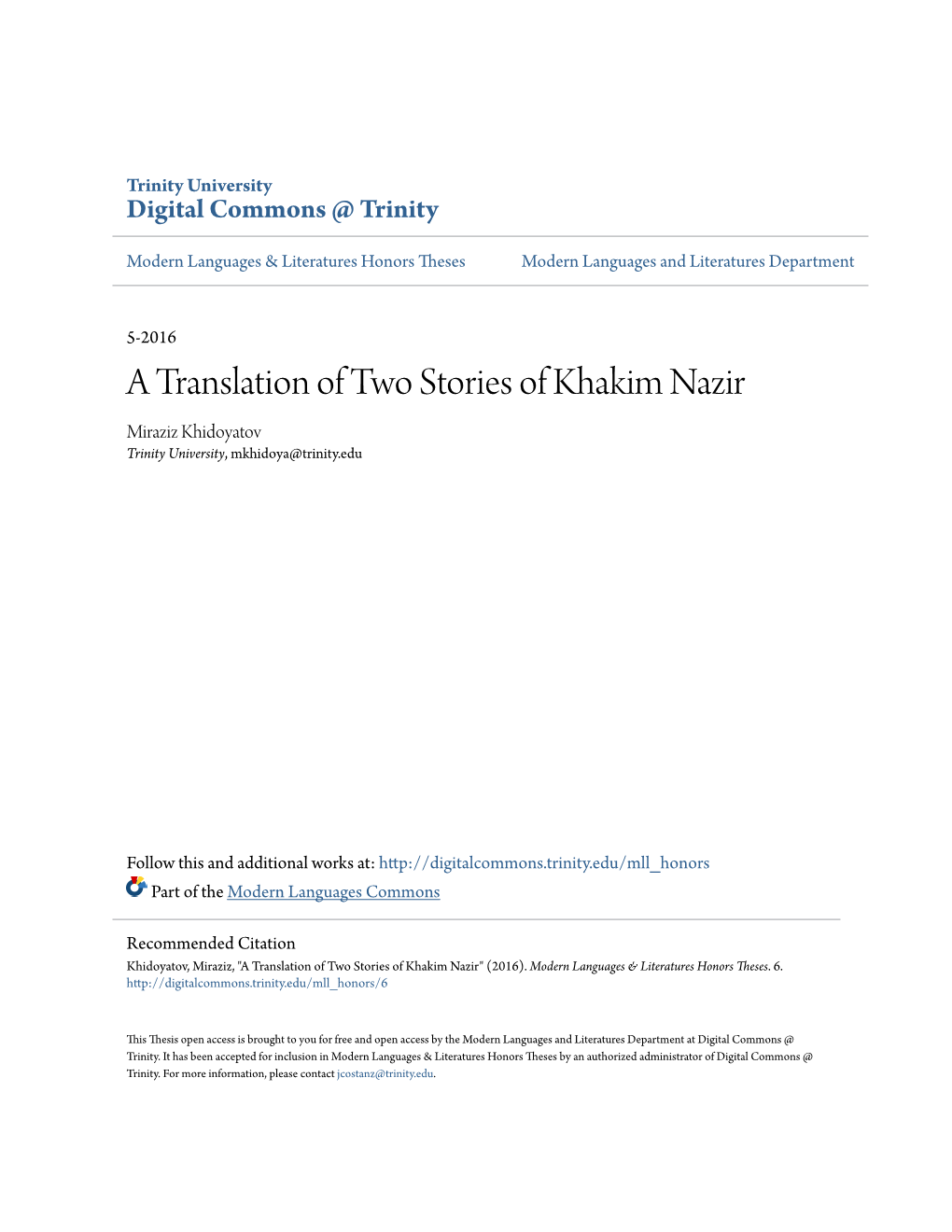 A Translation of Two Stories of Khakim Nazir Miraziz Khidoyatov Trinity University, Mkhidoya@Trinity.Edu