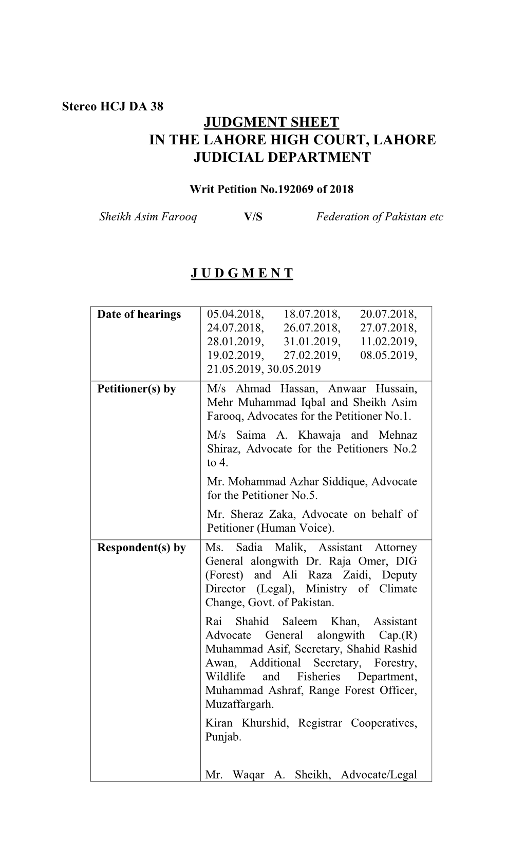 Judgment Sheet in the Lahore High Court, Lahore Judicial Department