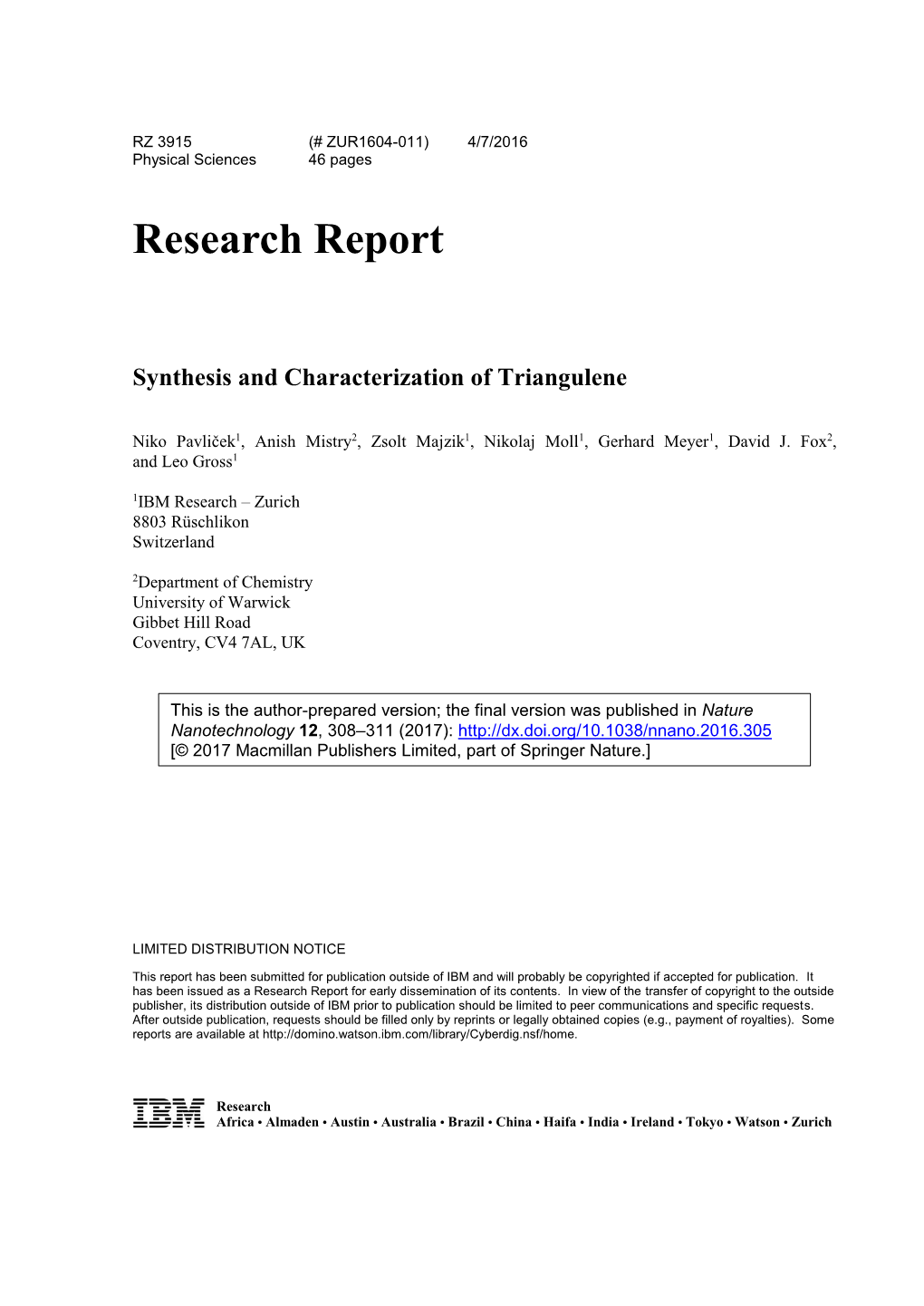 Research Report Synthesis and Characterization of Triangulene