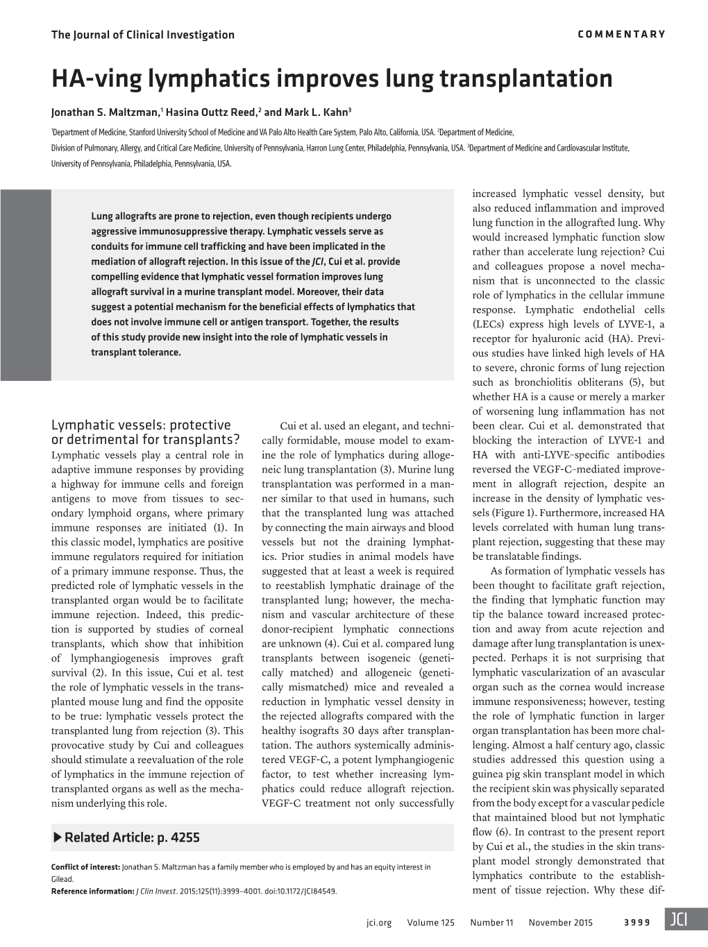 HA-Ving Lymphatics Improves Lung Transplantation