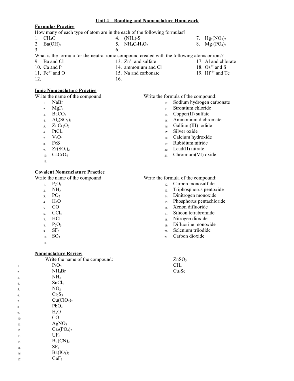 Unit 4 Bonding and Nomenclature Homework