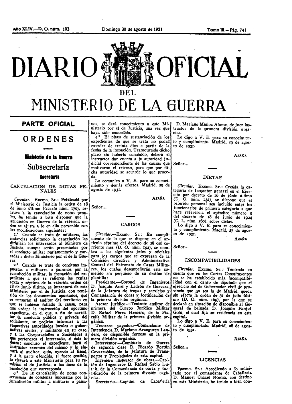 Oficial Del Ministerio De La Guerra