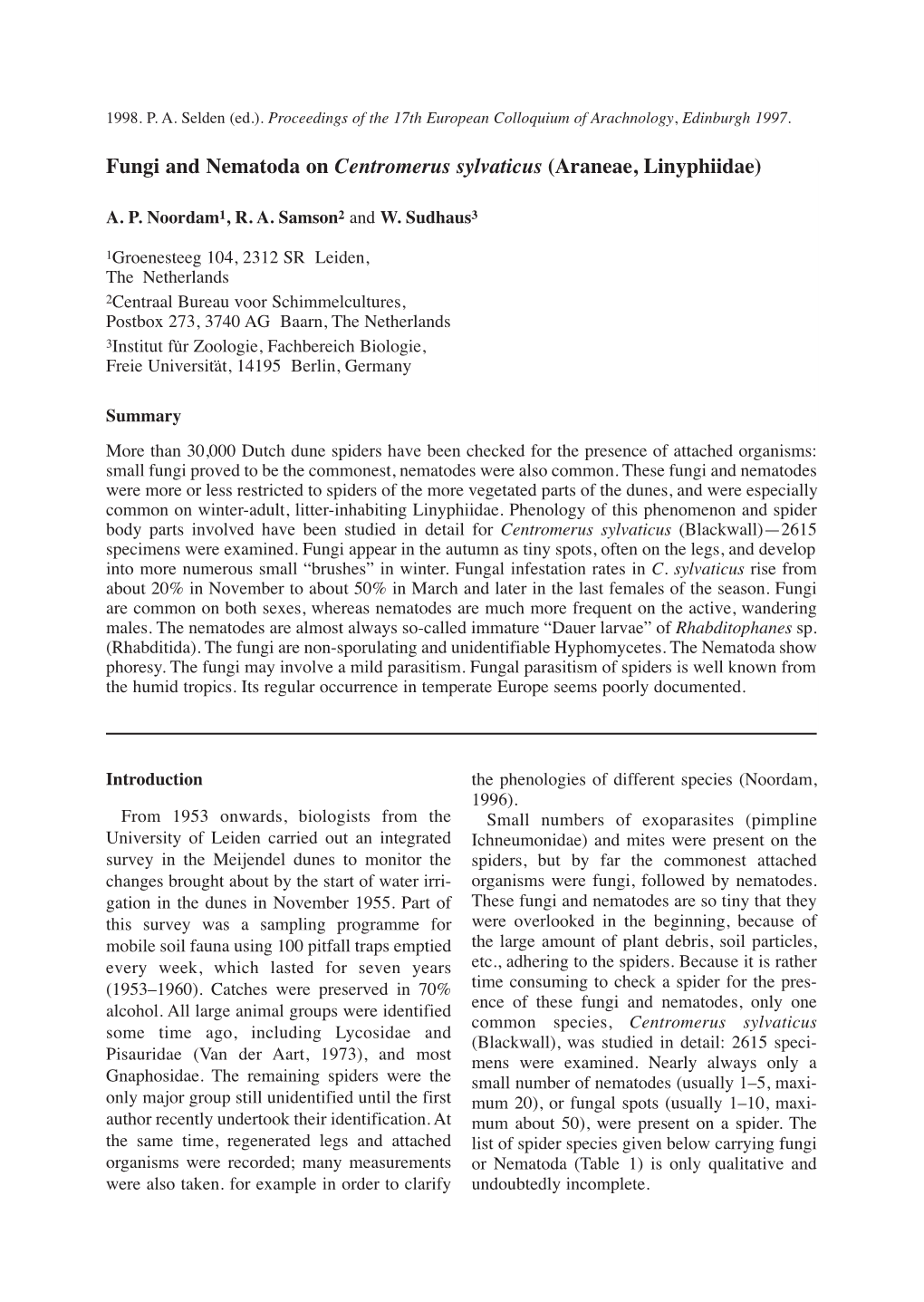 Fungi and Nematoda on Centromerus Sylvaticus (Araneae, Linyphiidae)