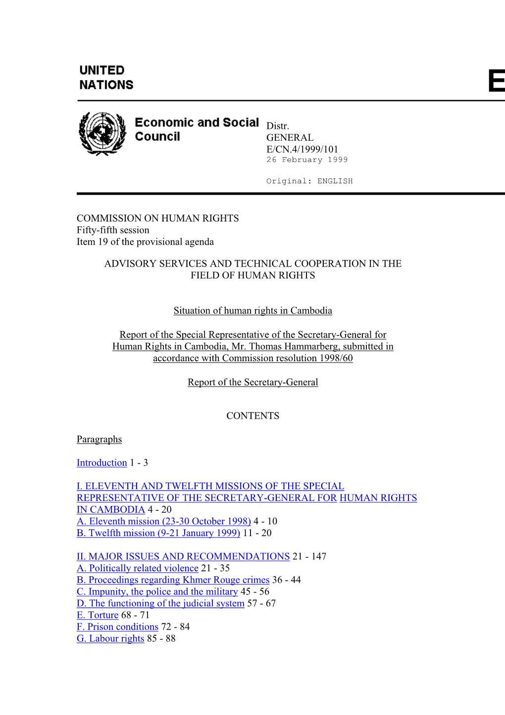 Report of the Special Representative of the Secretary-General for Human Rights in Cambodia, Mr