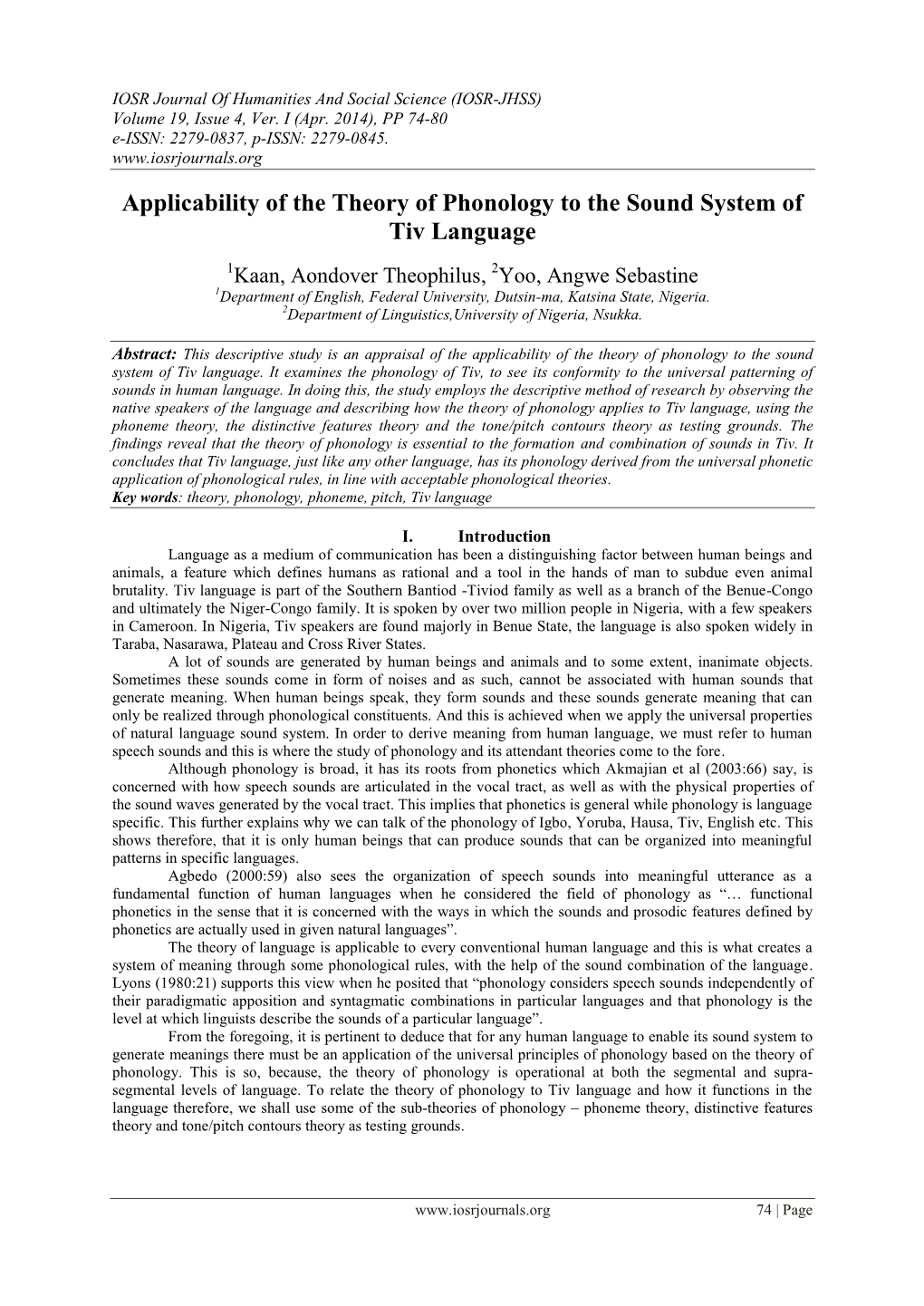 Applicability of the Theory of Phonology to the Sound System of Tiv Language