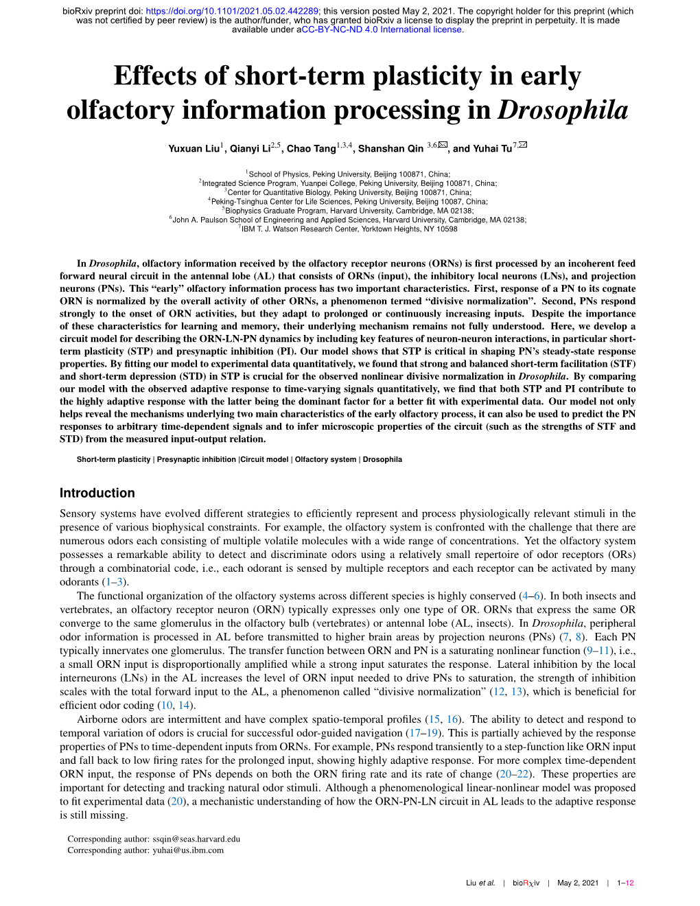 Effects of Short-Term Plasticity in Early Olfactory Information Processing in Drosophila
