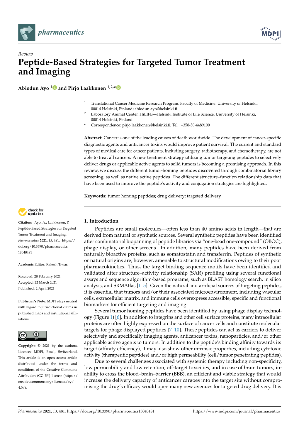 Peptide-Based Strategies for Targeted Tumor Treatment and Imaging