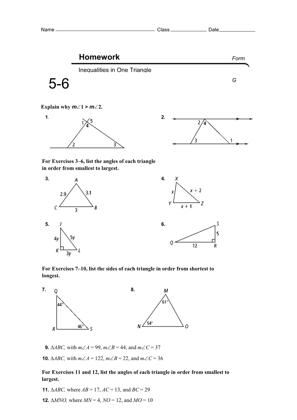 For Exercises 3 6, List the Angles of Each Triangle