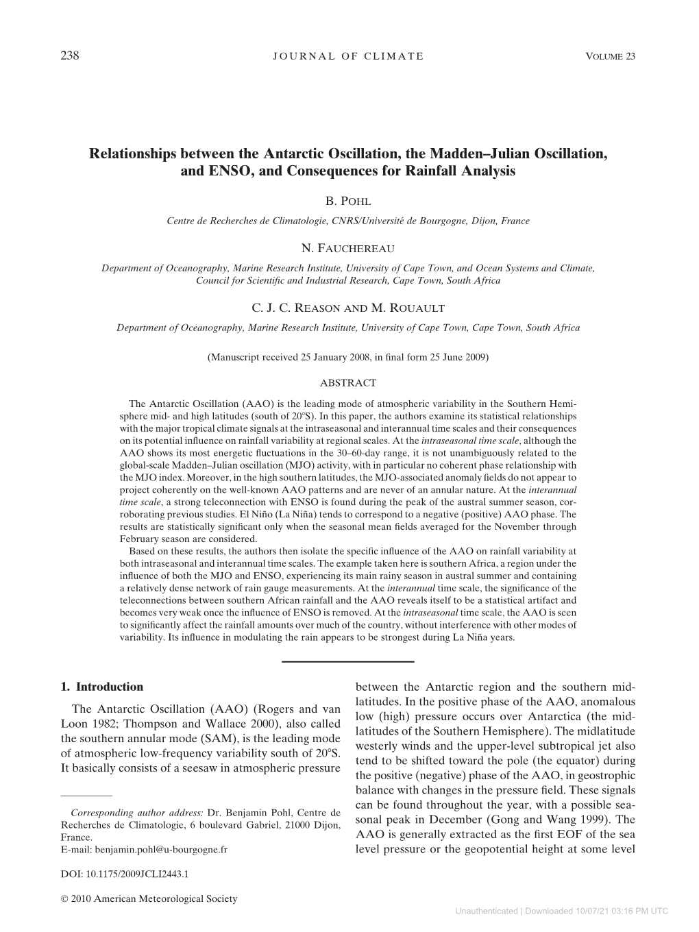 Relationships Between the Antarctic Oscillation, the Madden–Julian Oscillation, and ENSO, and Consequences for Rainfall Analysis