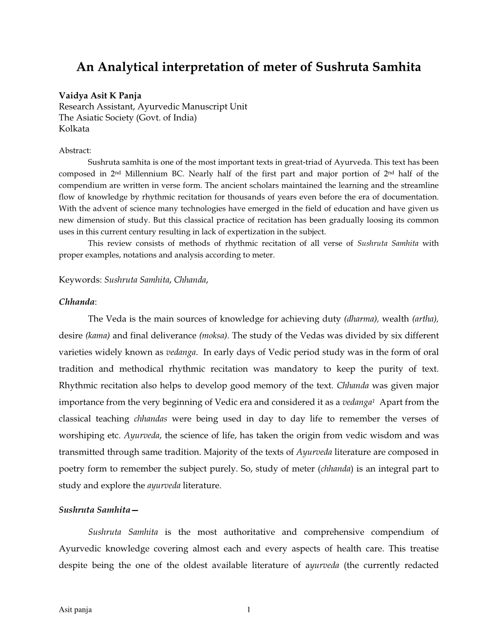 An Analytical Interpretation of Meter of Sushruta Samhita