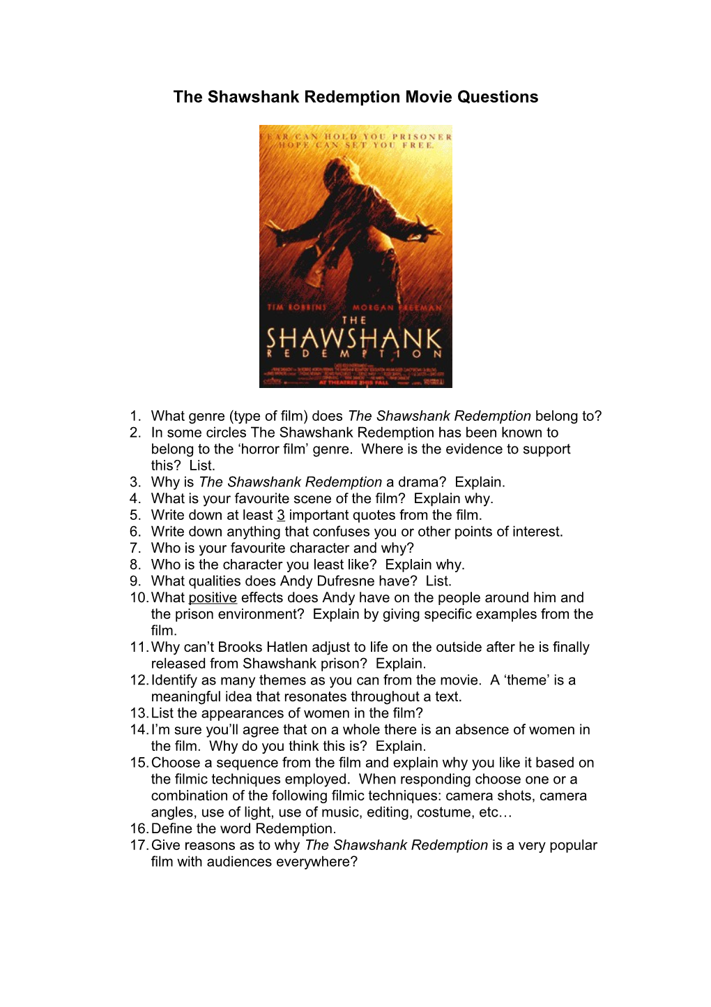 The Shawshank Redemption Movie Questions