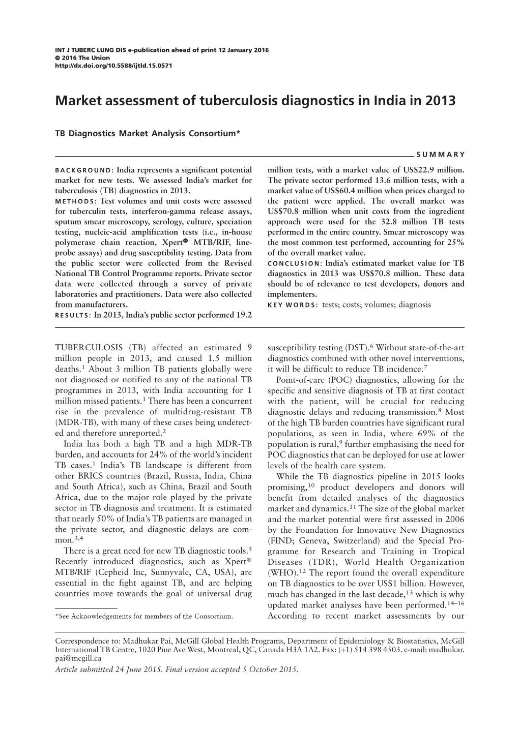 Market Assessment of Tuberculosis Diagnostics in India in 2013