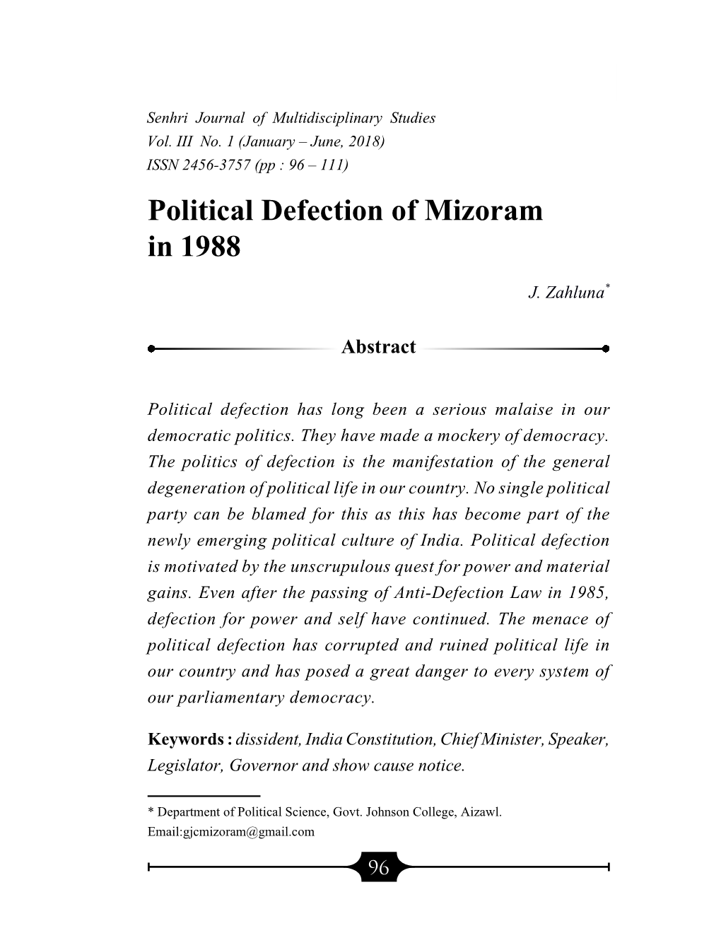 Political Defection of Mizoram in 1988 J