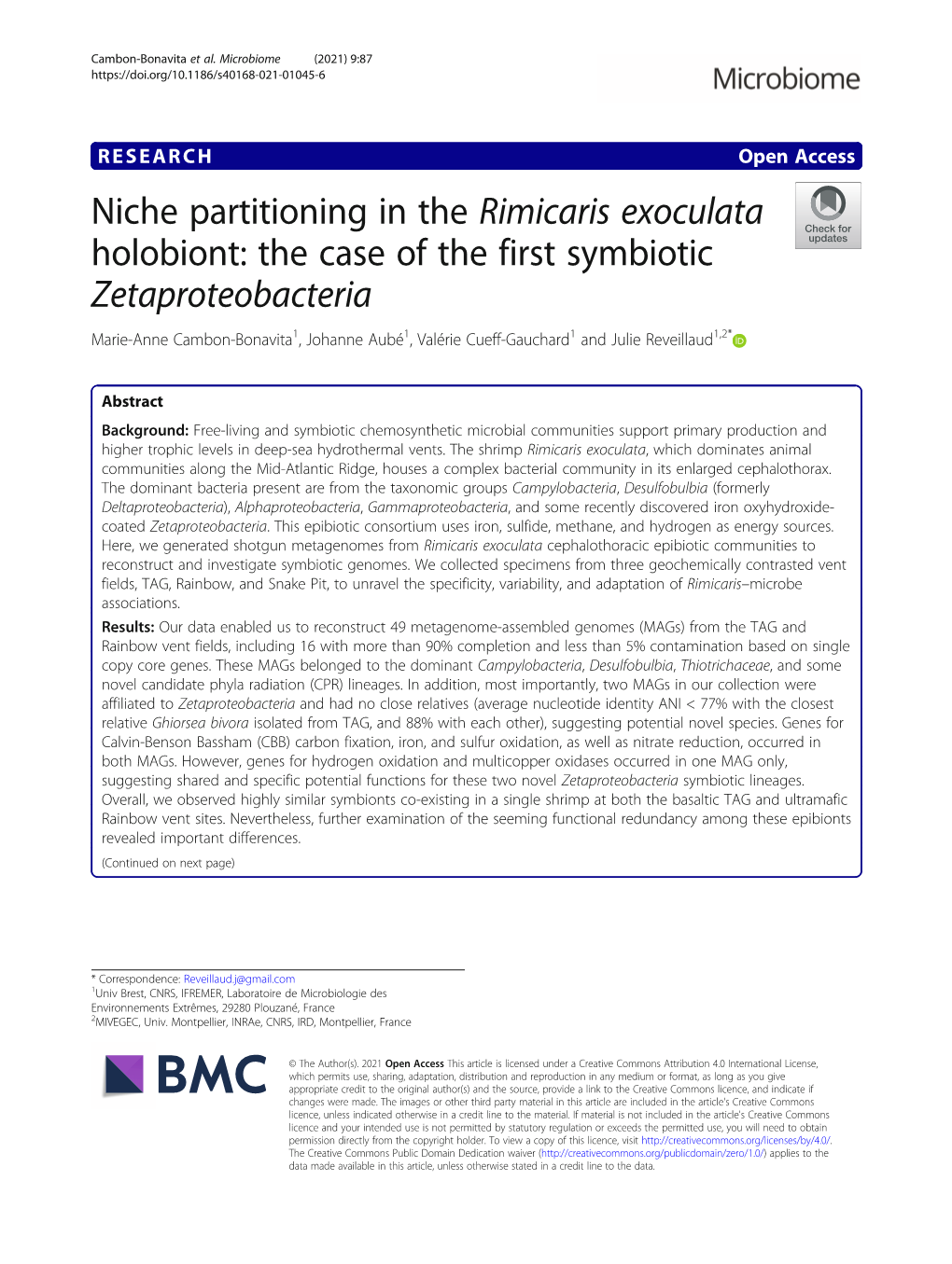 Niche Partitioning in the Rimicaris Exoculata Holobiont: the Case of the First Symbiotic Zetaproteobacteria