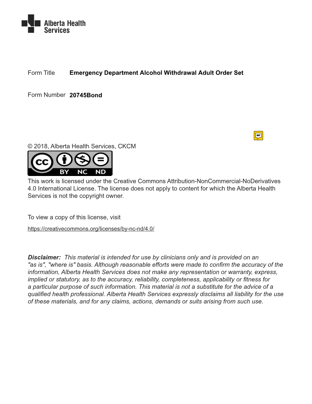 Emergency Department Alcohol Withdrawal Order