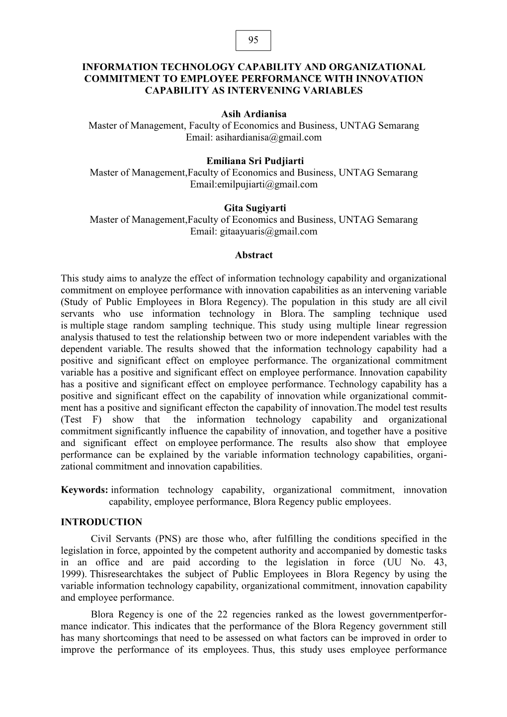 Information Technology Capability and Organizational Commitment to Employee Performance with Innovation Capability As Intervening Variables