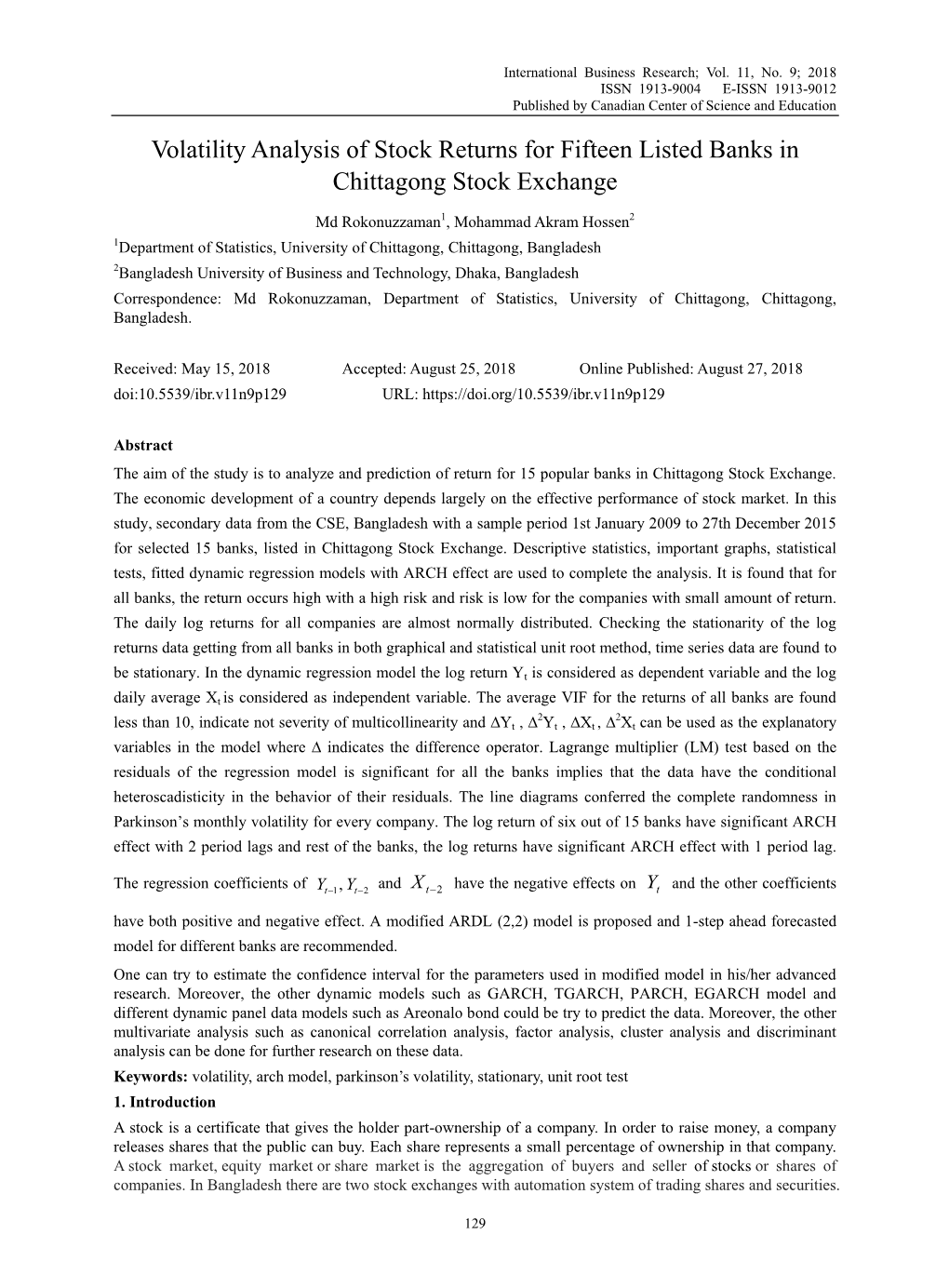 Volatility Analysis of Stock Returns for Fifteen Listed Banks in Chittagong Stock Exchange