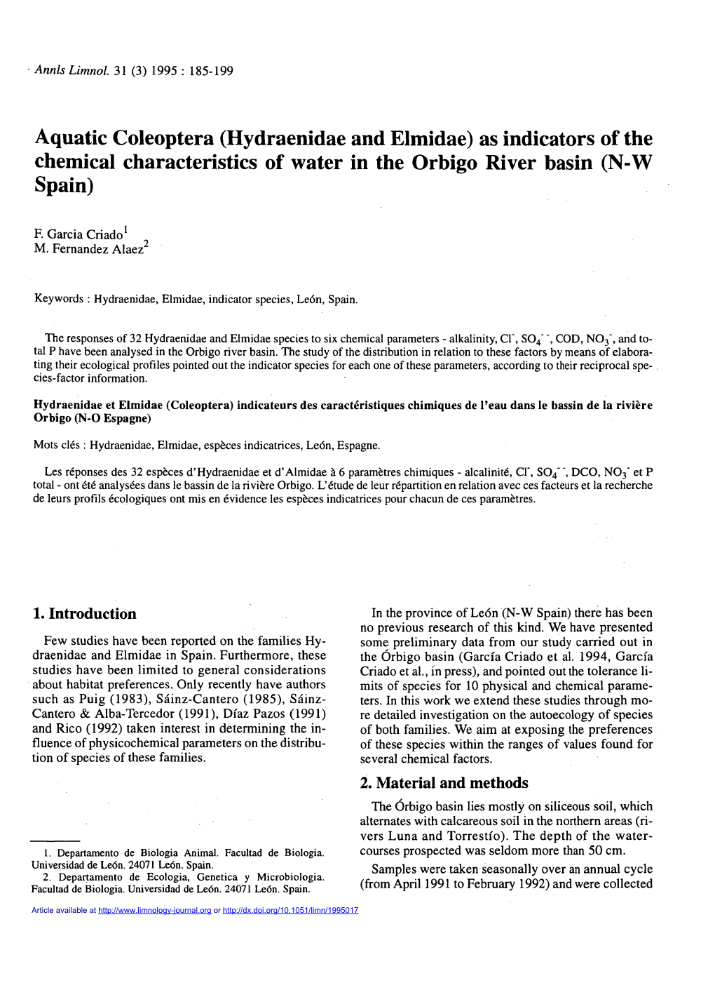 Aquatic Coleoptera \(Hydraenidae and Elmidae\) As Indicators of the Chemical Characteristics of Water in the Orbigo River Basin