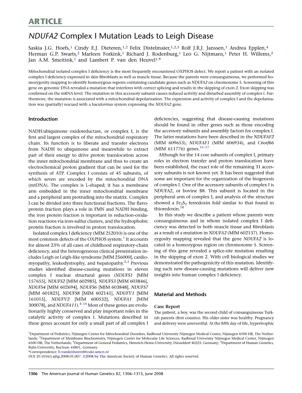 ARTICLE NDUFA2 Complex I Mutation Leads to Leigh Disease