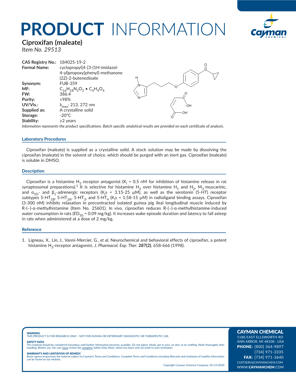 PRODUCT INFORMATION Ciproxifan (Maleate) Item No