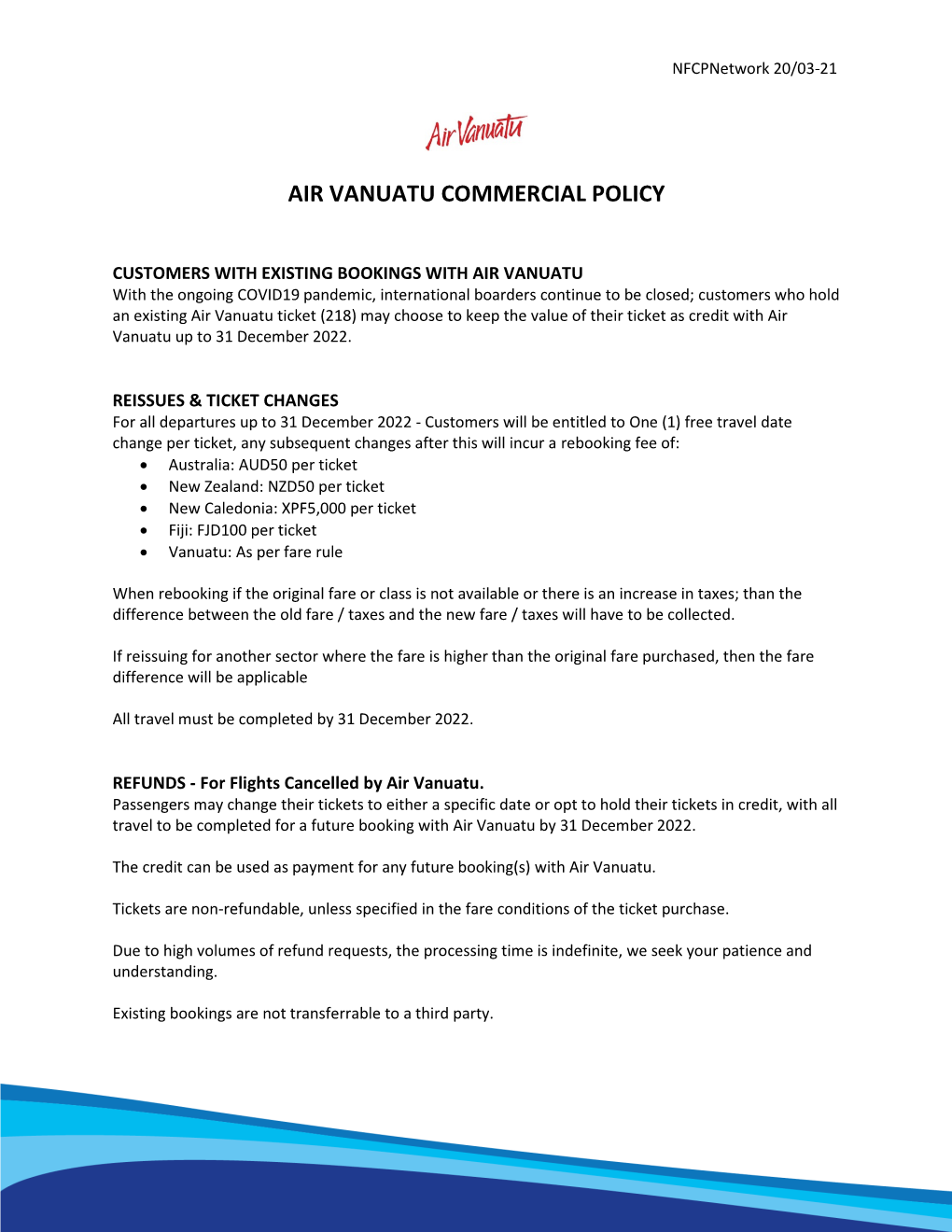 Air Vanuatu Commercial Policy