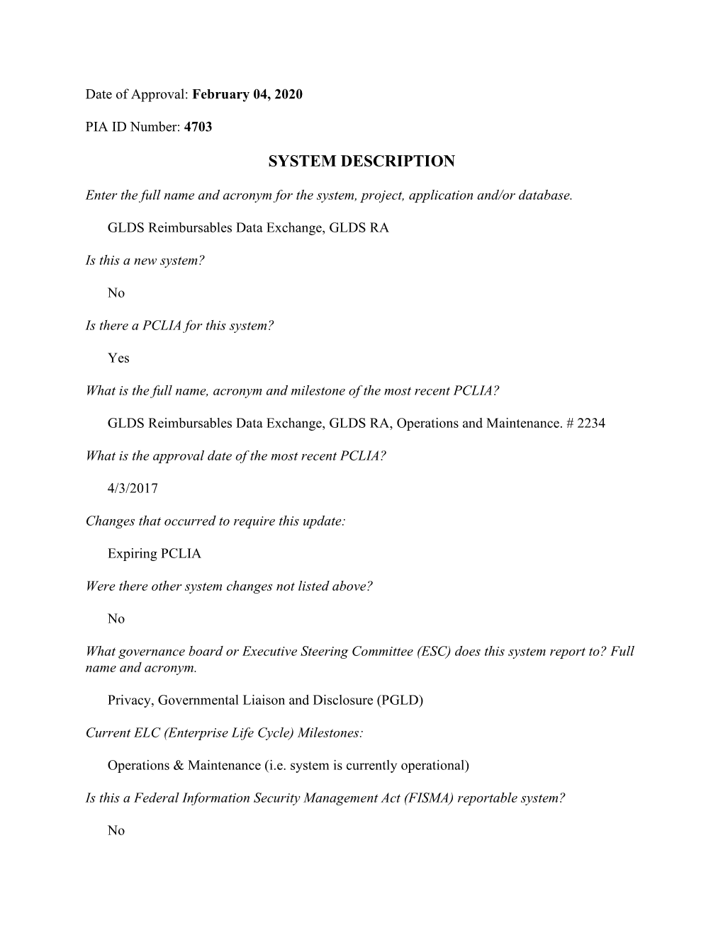 GLDS Reimbursables Data Exchange, GLDS RA