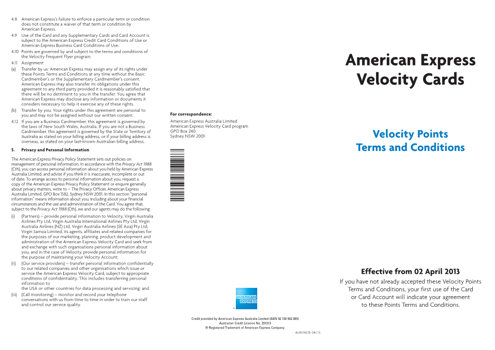 American Express Velocity Cards