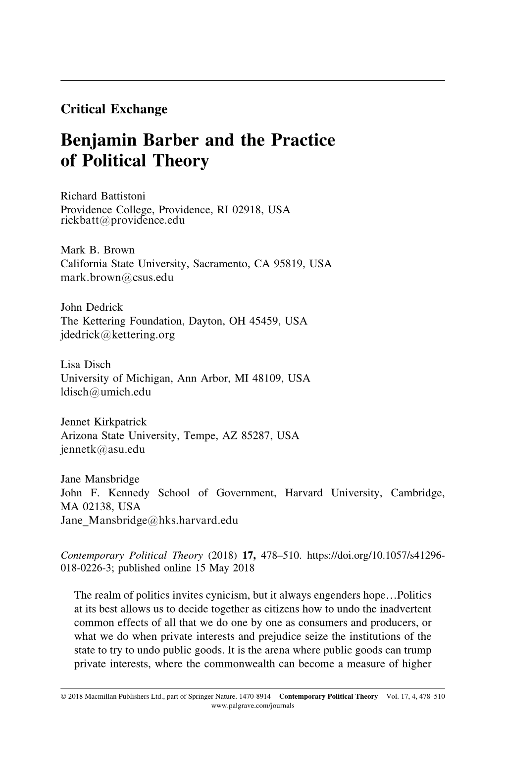 Benjamin Barber and the Practice of Political Theory