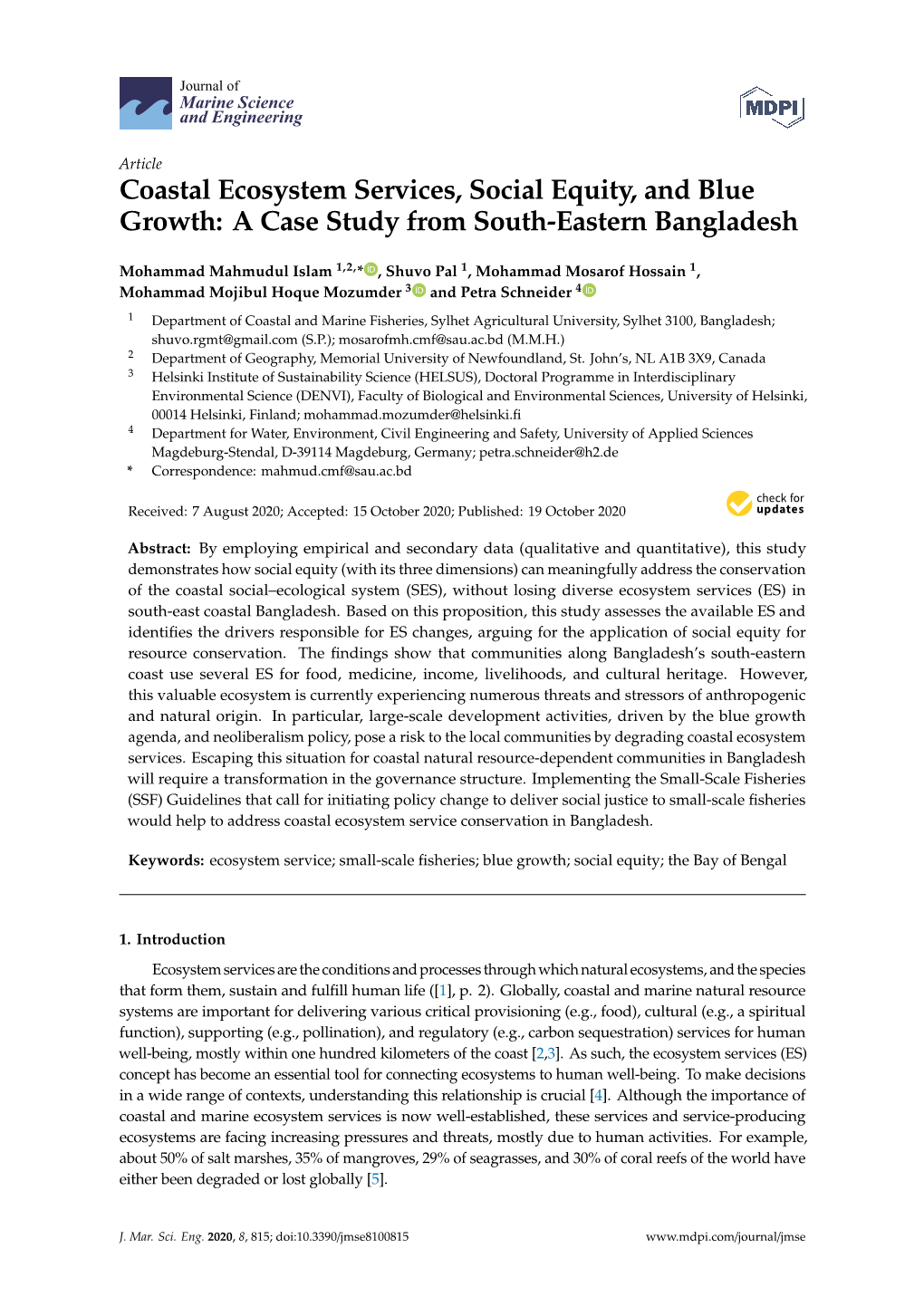 Coastal Ecosystem Services, Social Equity, and Blue Growth: a Case Study from South-Eastern Bangladesh