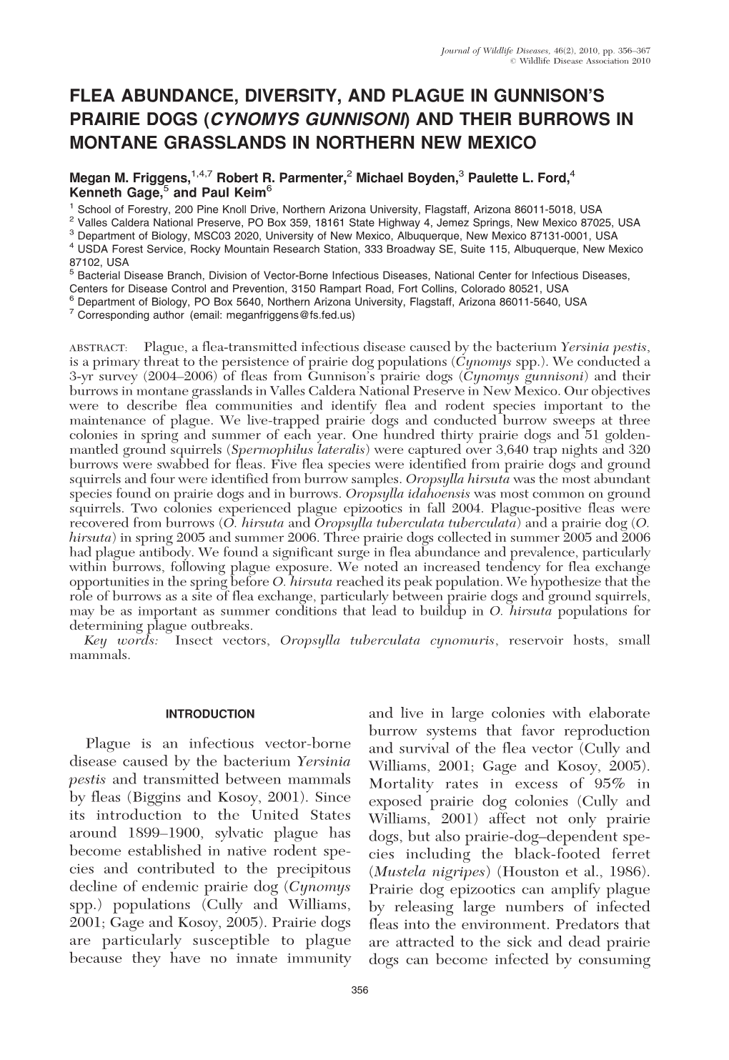 Flea Abundance, Diversity, and Plague in Gunnison's Prairie Dogs